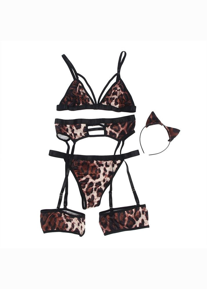 Комбинированный демисезонный комплект белья star night с поясом, гартерами и обручем-ушками, леопардовый принт, хl No Brand