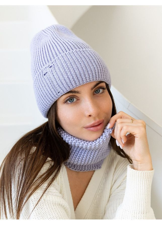 Жіноча в’язана шапка і хомут набір 1 вовна 20% з відворотом Блакитний No Brand (361309626)