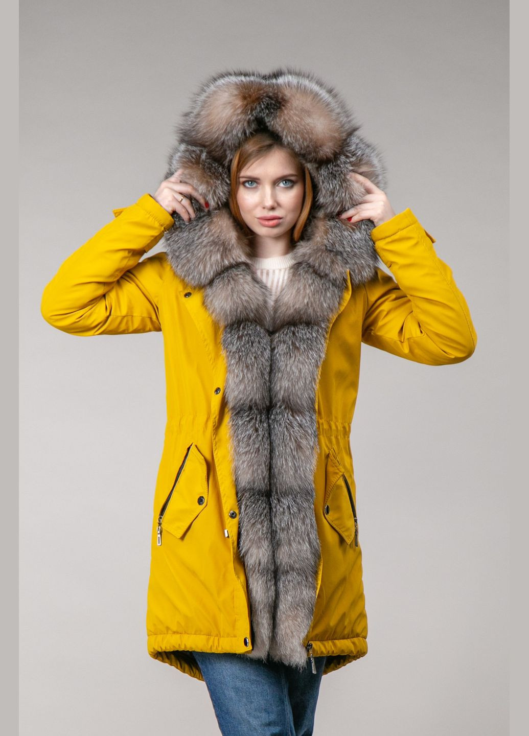Парка зимняя желтая с мехом блюфроста Chicly Furs (285739607)