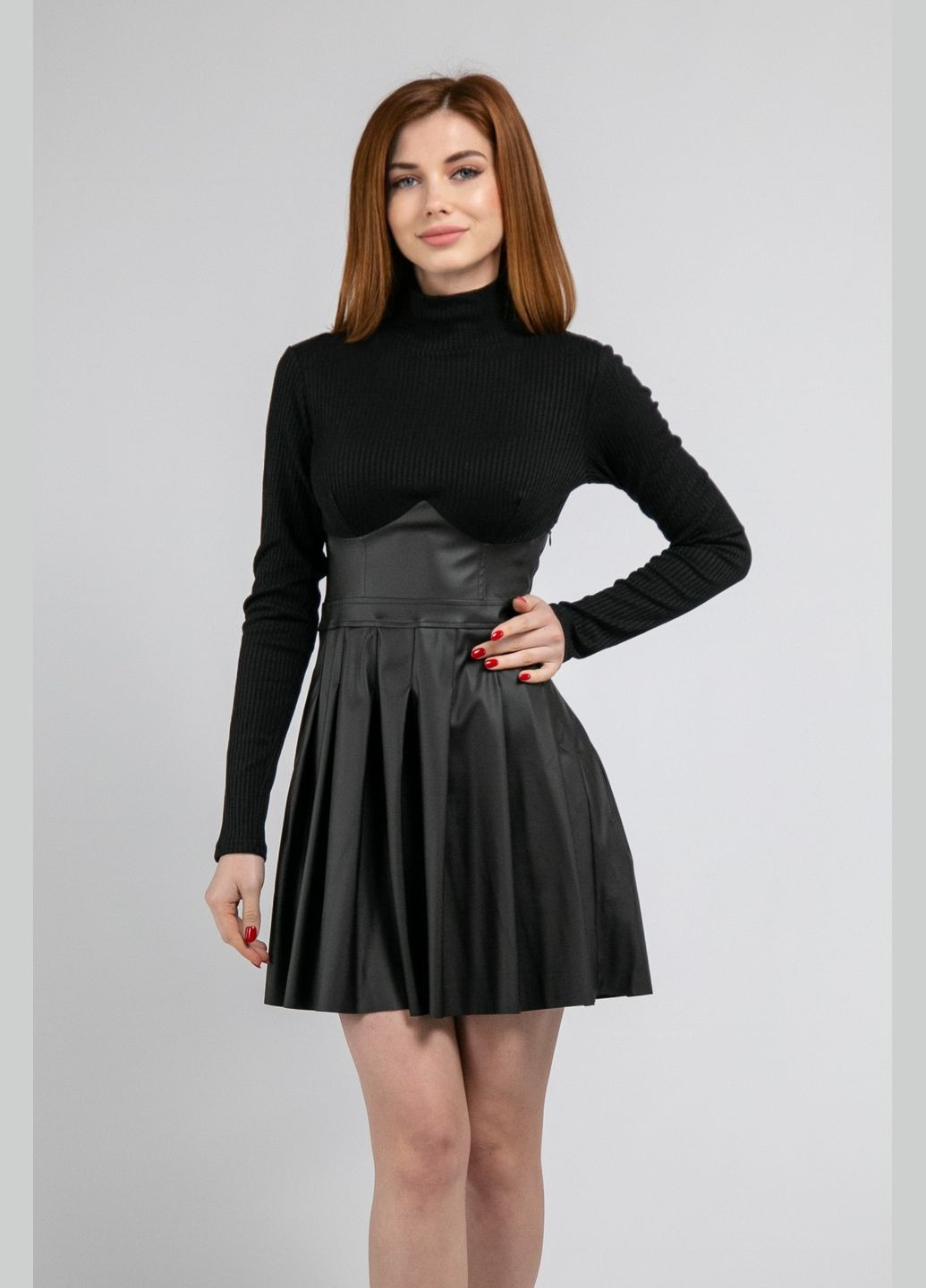 Черное повседневный платье с кожаной спідницей CHICLY однотонное