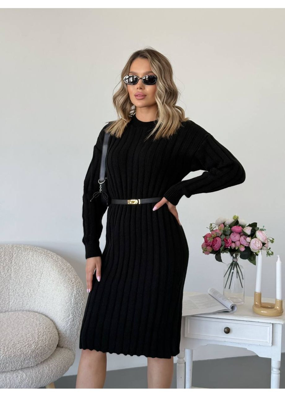 Черное женское теплое вязаное шерстяное платье интер вязкая резинка до колена черная You Best