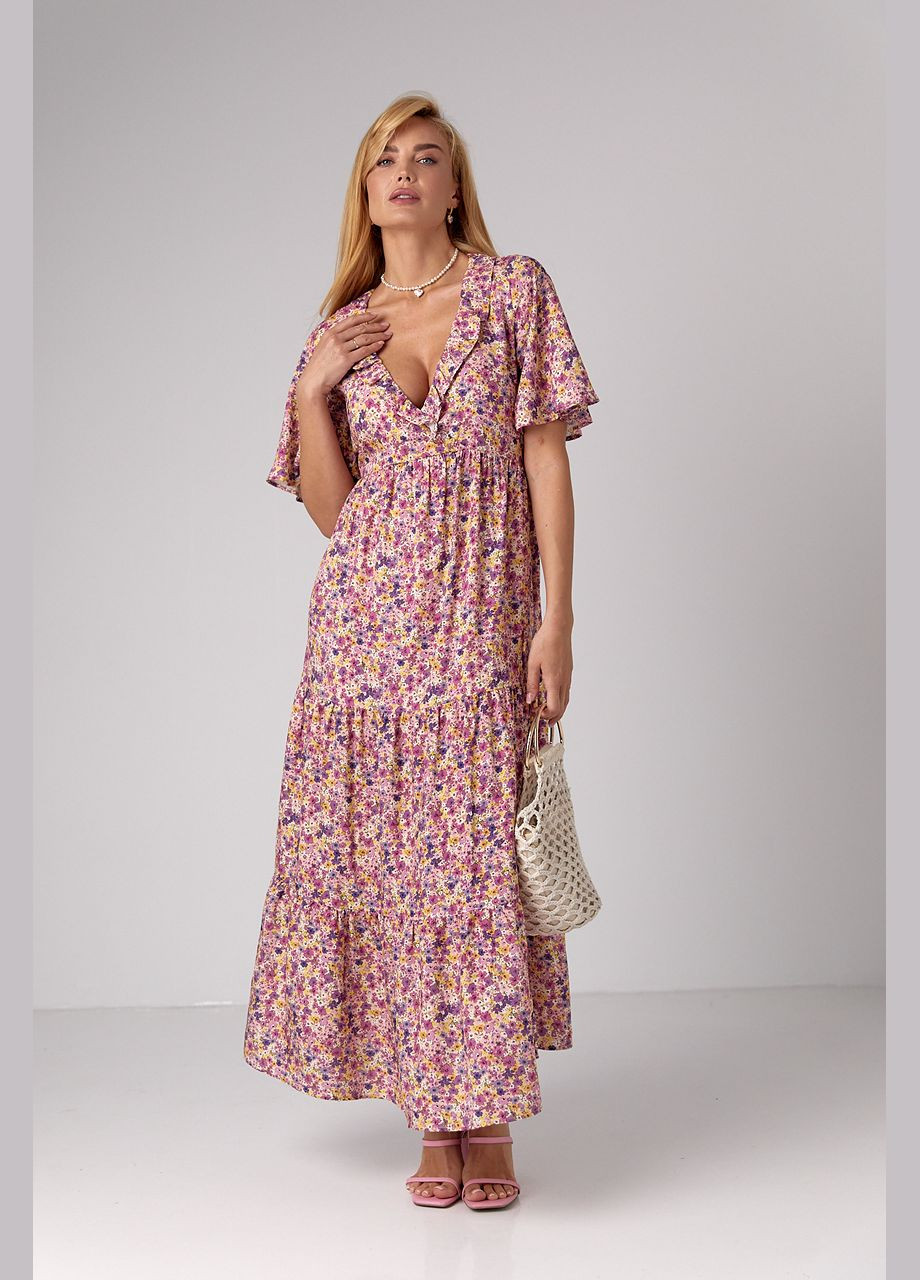 Лавандовое повседневный, вечернее длинное платье с оборкой и цветочным принтом силуэтная Liton с цветочным принтом