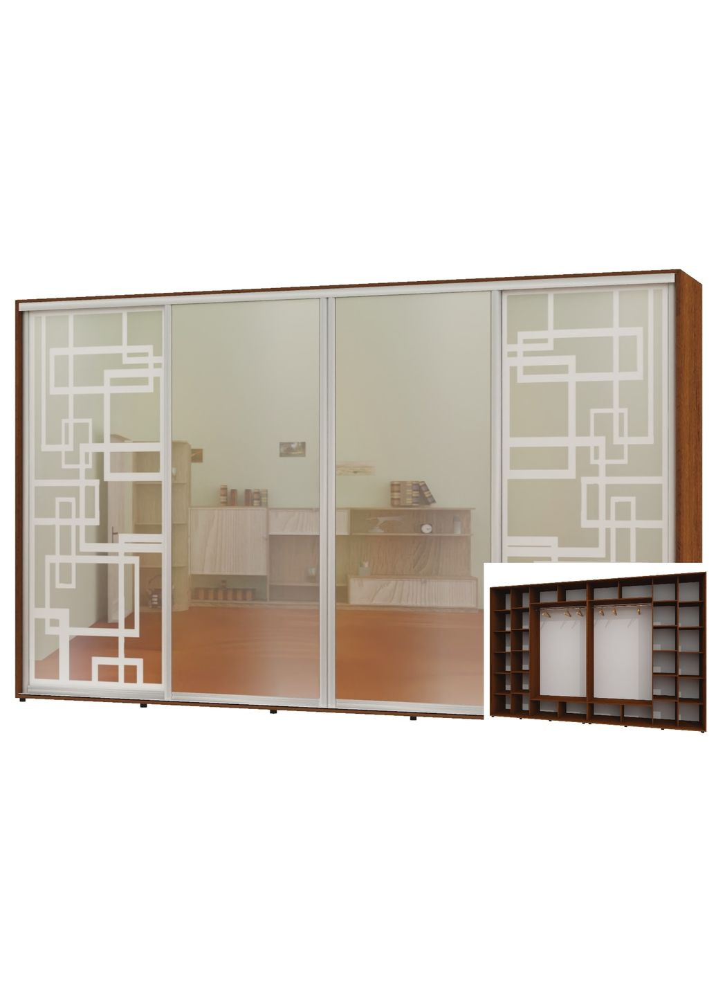 Шафа-купе чотиридверна 370*60*220 Горіх лісовий 2 Дзеркала з піскострумним малюнком/2 Дзеркала Алекса (360448478)