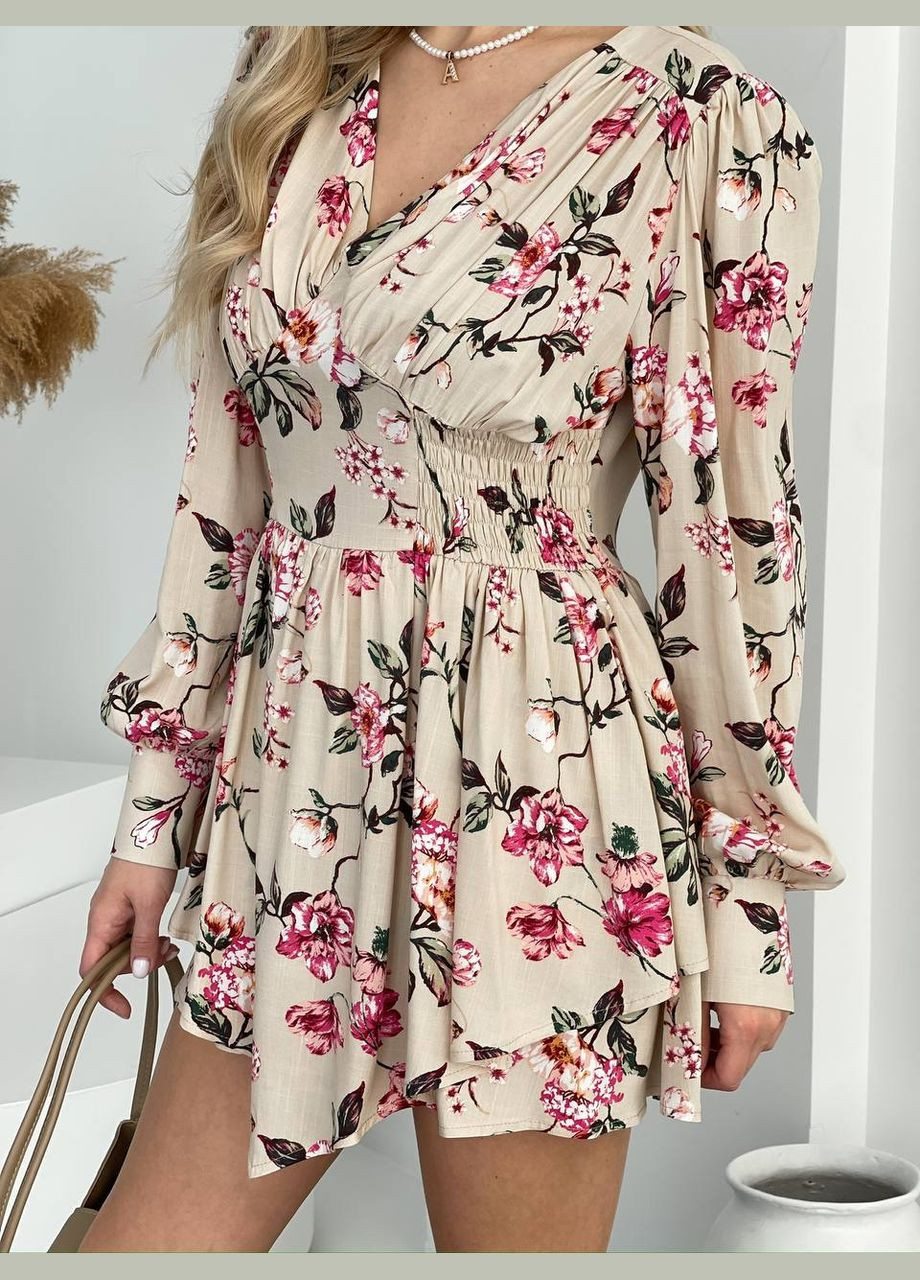 Светло-бежевое праздничный женское платье FINO Mode с цветочным принтом