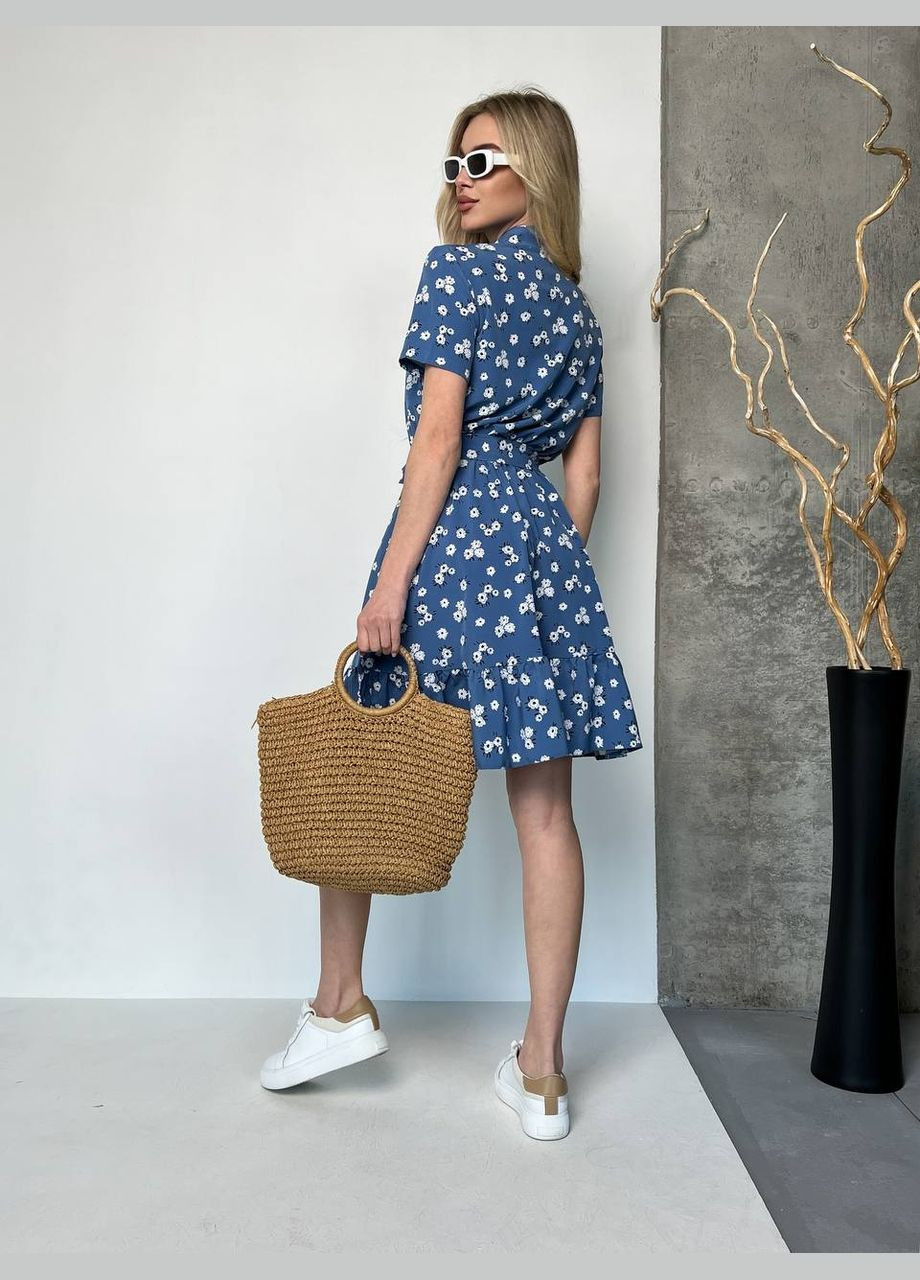 Синя повсякденний літня сукня з візерунком та воланом MonCher з квітковим принтом