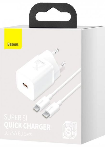 МЗП Super Si Quick Charger 1C 25W EU Sets White с Mini White Cable TypeC to Type-C 3A 1m Baseus (297453955)