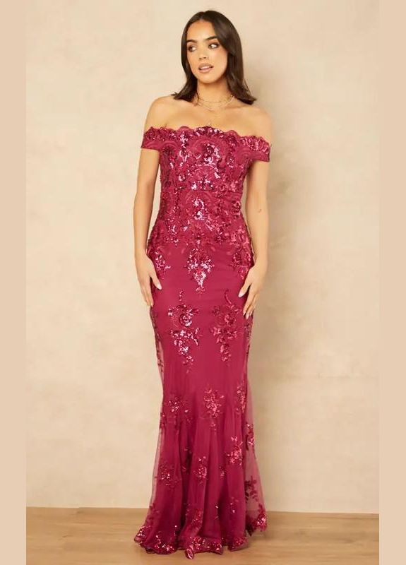 Бордовое платье макси вечернее нарядное с пайетками рыбка Goddiva
