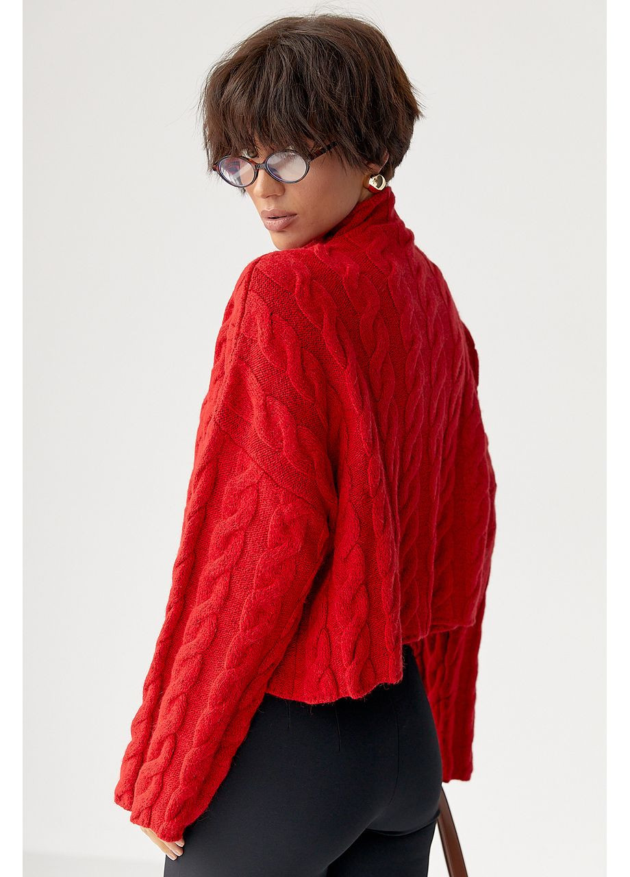 Красный зимний свободный вязаный свитер с косичками Lurex