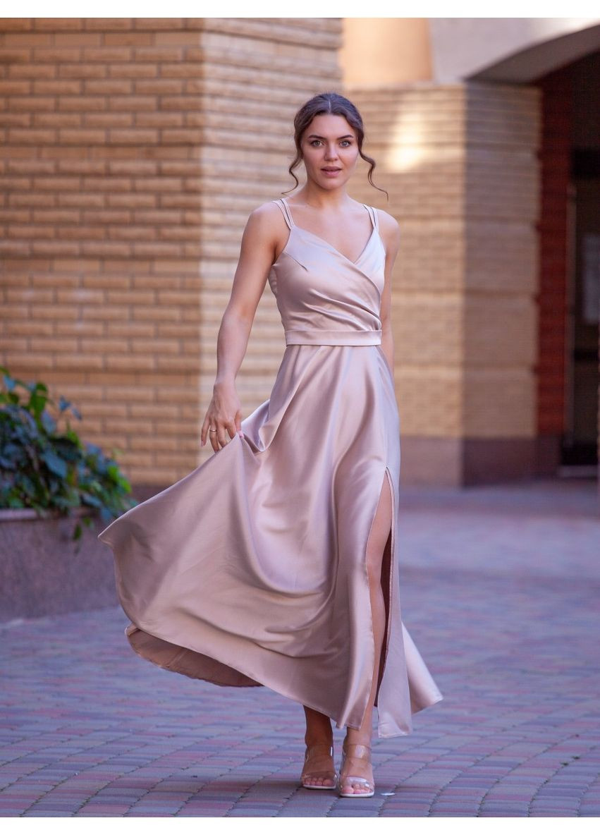 Бежевое вечернее платье колокол, с юбкой-солнце First Woman однотонное