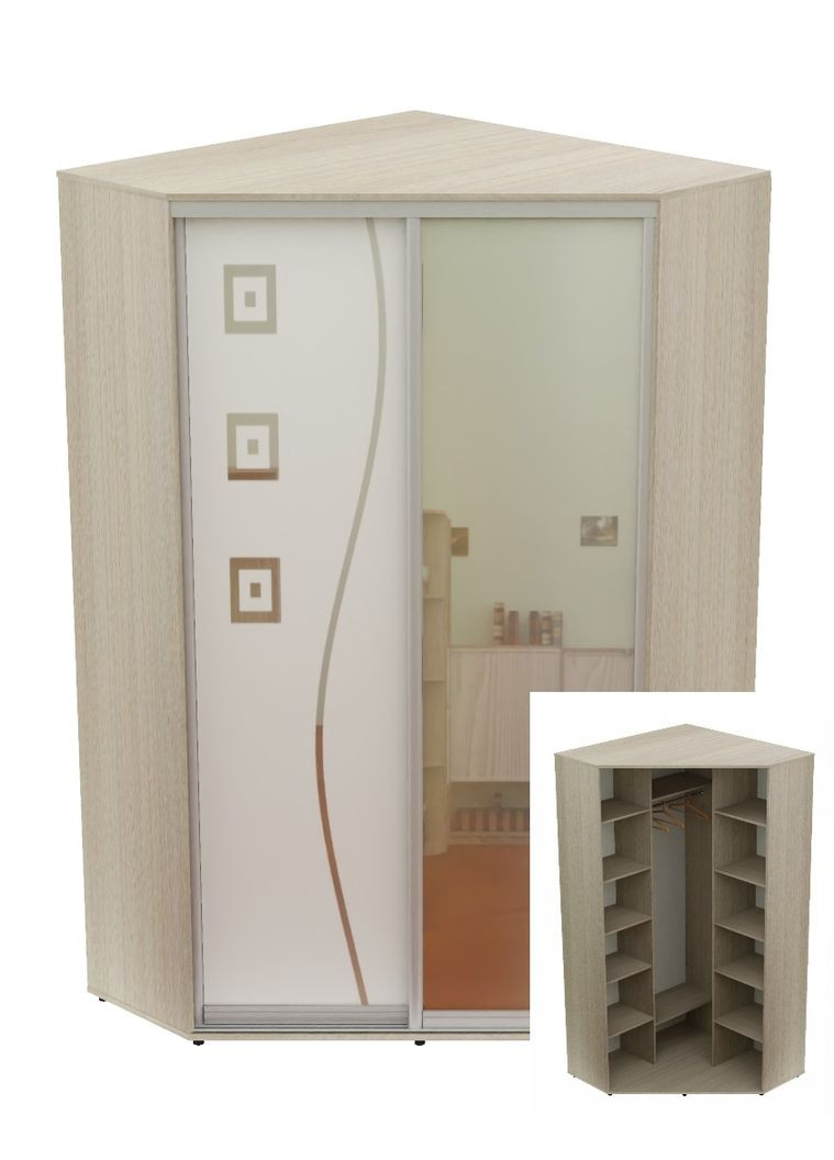 Шкаф-купе двухдверный угловой 150*150*250 Дуб Шамони светлый Зеркало/Зеркало с пескоструйным рисунком Угол-5 Алекса (360475028)