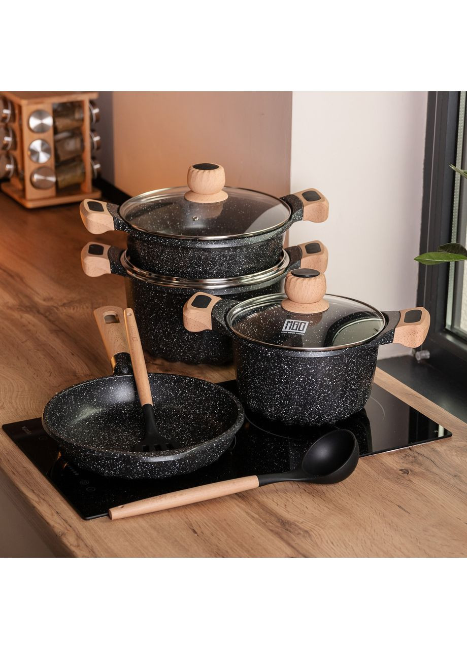 Набір посуду, 3 каструлі, з товстодонною алюмінієвою лопаткою та ополоником, чорний HP-4-401B MGC (370801790)