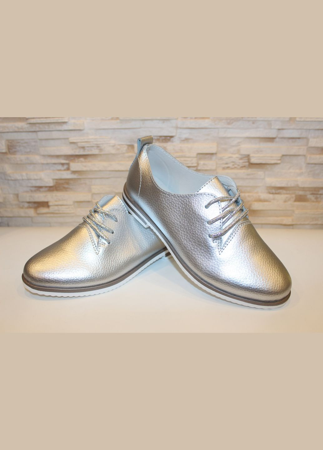 No Brand Туфлі жіночі сріблясті на шнурівці натуральна шкіра дербі срібний з натуральна шкіра, — демісезон (328940101)