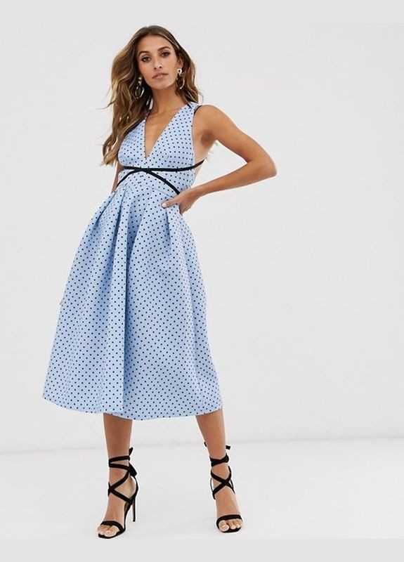 Голубое платье меди пышное в горох Asos