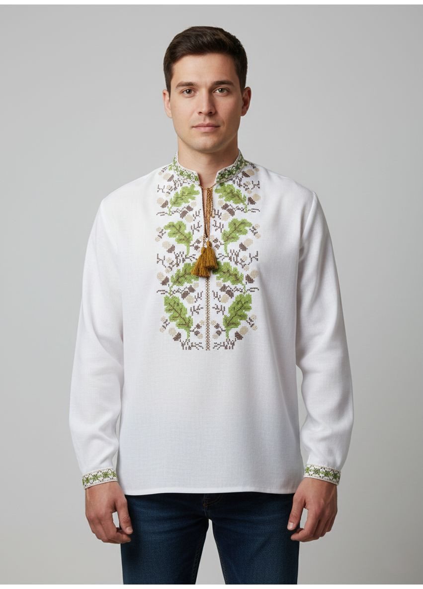 Біла чоловіча біла вишиванка дуб-калина НоКо візерунок орнамент пряма, вільна бавовна (370051264)
