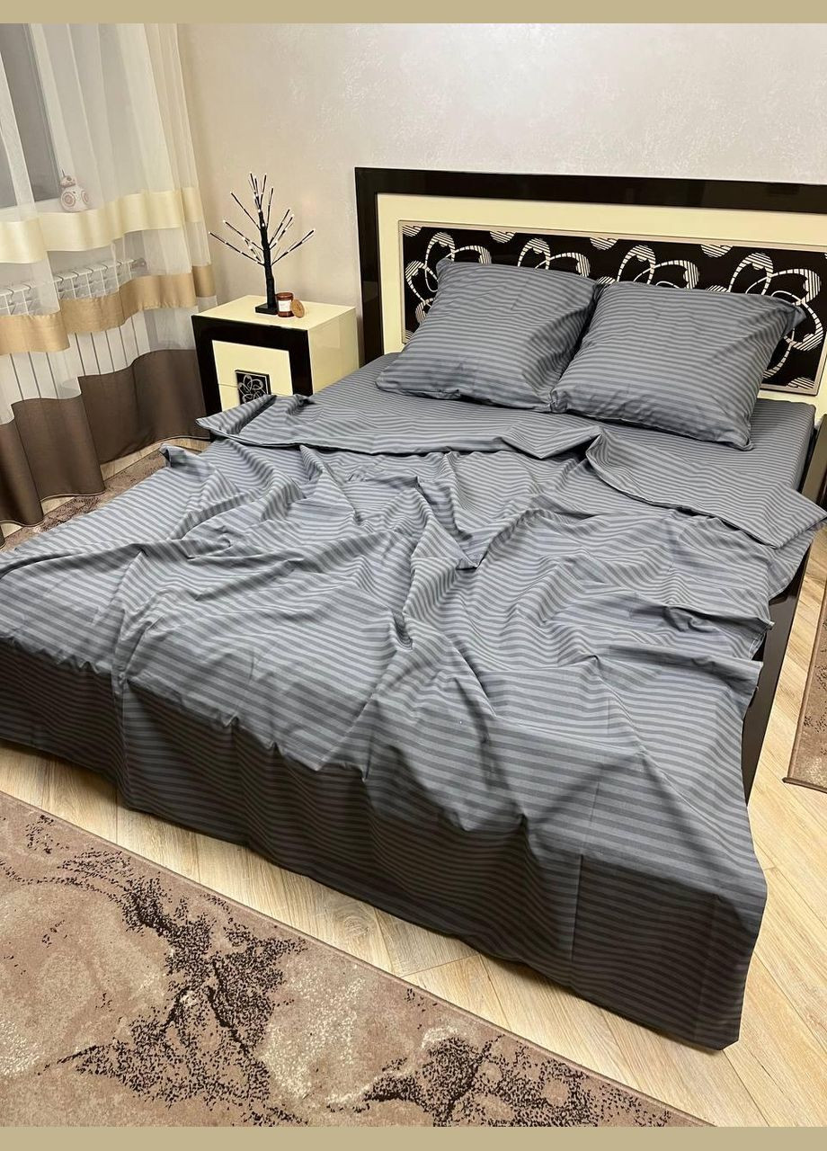 Постільна білизна бавовняна в Смужку Євро Простирадло на гумці 160x200х20 Бязь Сіра 70 х 70 No Brand (278634751)