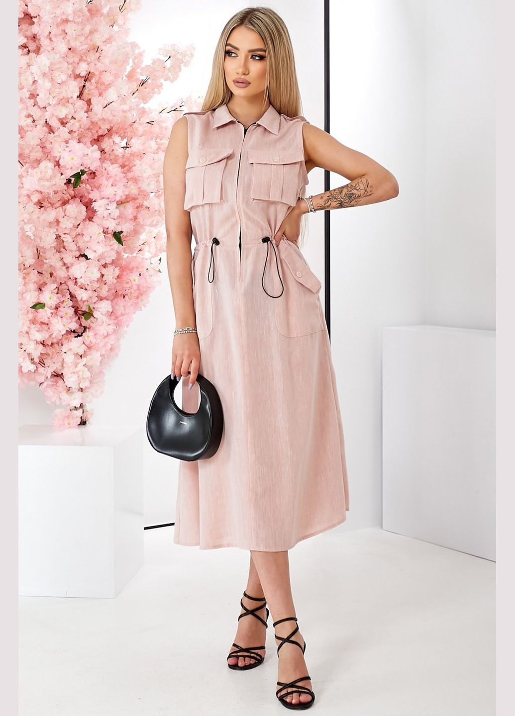 Бежева повсякденний жіноча сукня прямого крою з кишенями та поясом (ll228050089) LadyLike