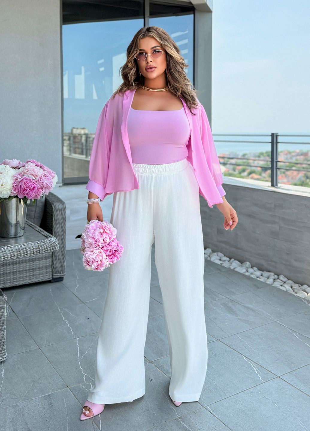 Штаны-палаццо летние женские свободного фасона из льна No Brand (340915288)