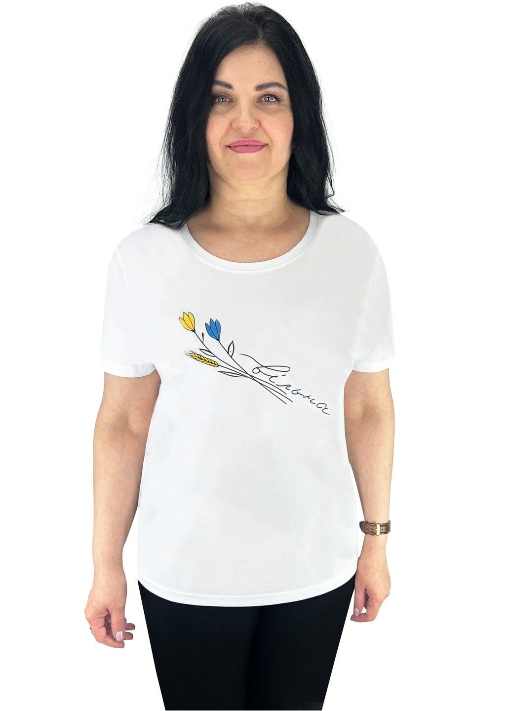 Біла футболка жіноча з накатом квіти з коротким рукавом Жемчужина стилей 4695