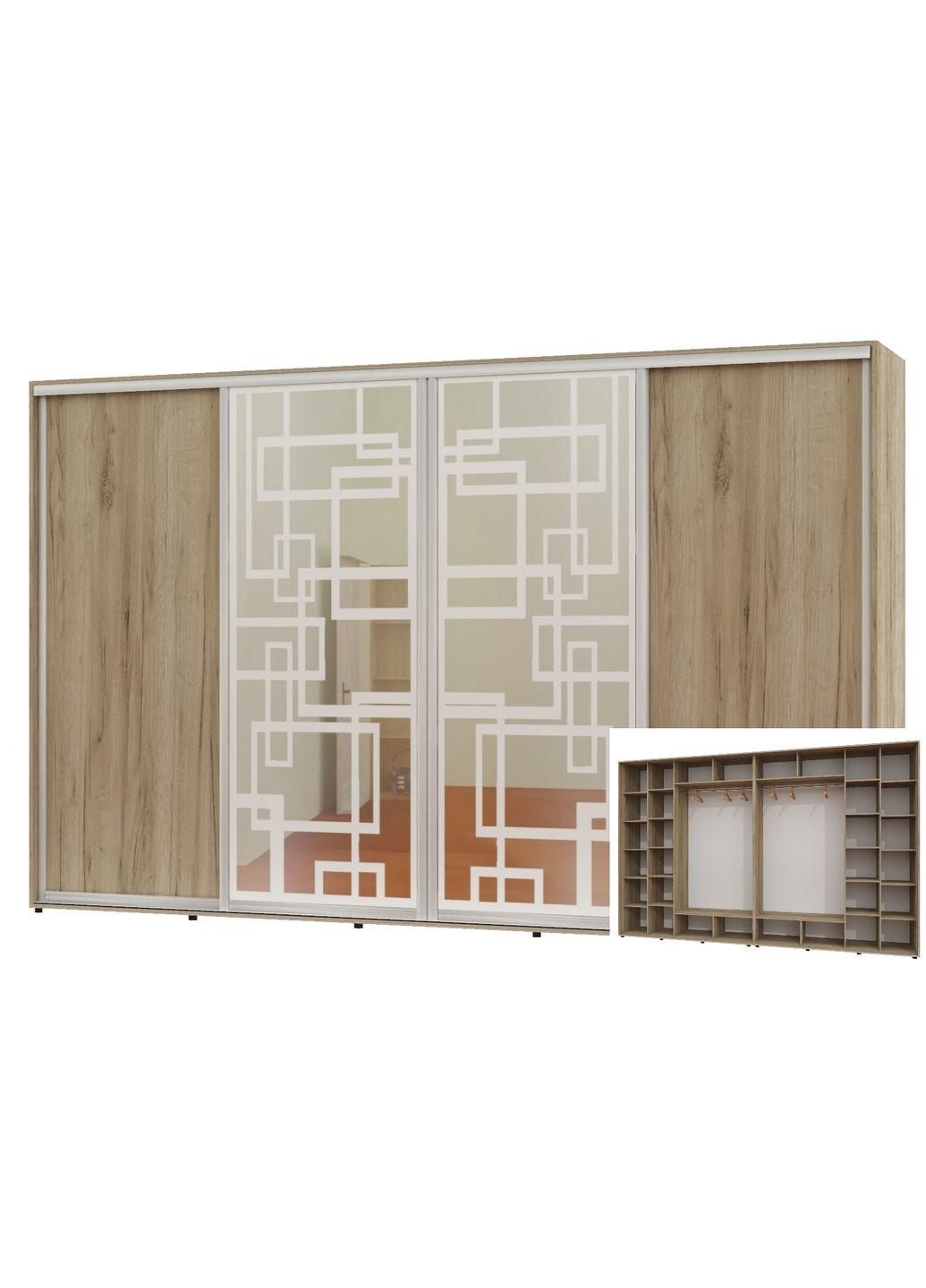 Шафа-купе чотиридверна 380*60*220 Дуб крафт сірий 2 ДСП/2 Дзеркала з піскострумним малюнком Алекса (360477728)