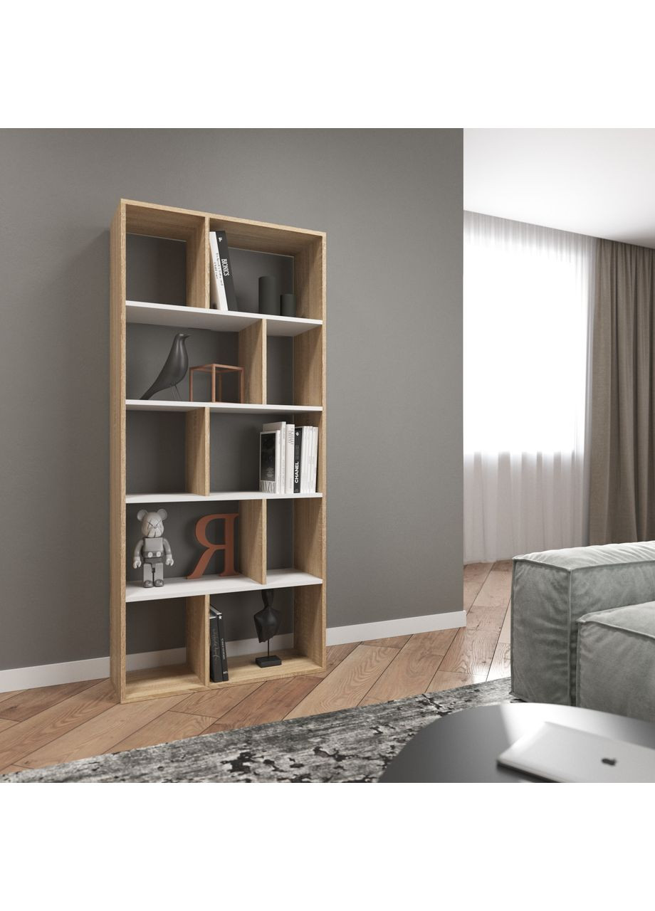 Стеллаж для книг и декора на 10 ячеек из ламинированного ДСП 800x1780x300 дуб сонома/белый (hd-1-sn-wh) VAYS (369160691)
