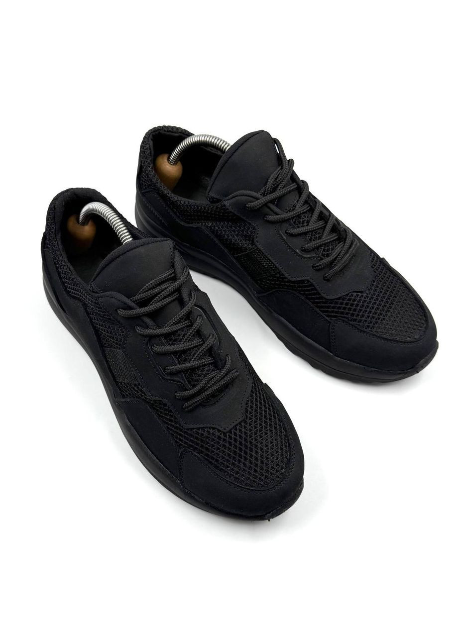 Чорні Літні чоловічі літні кросівки lux чорні, натуральна шкіра з сіткою Kindzer 2211