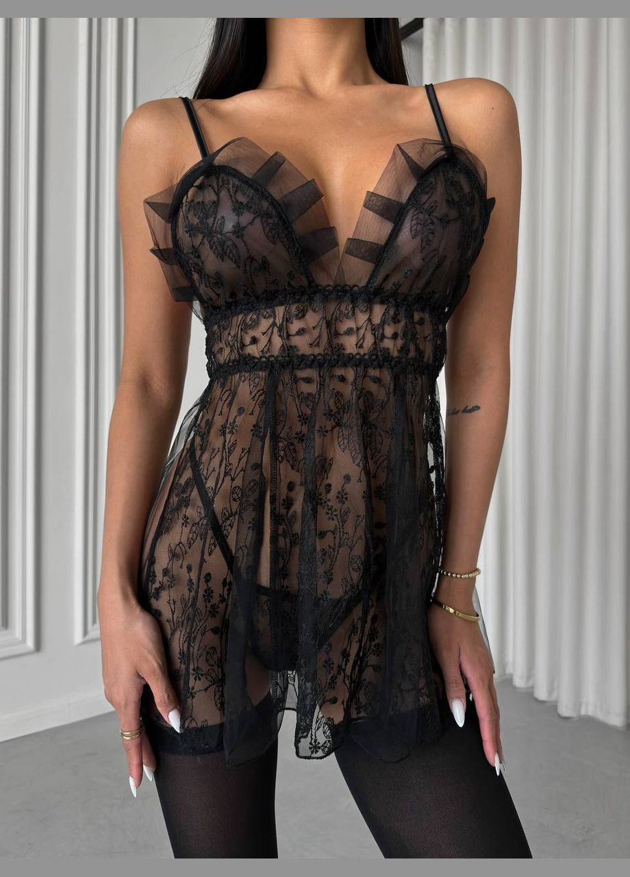 Чорний демісезонний звабливий комплект пенюар трусики панчохи Vakko