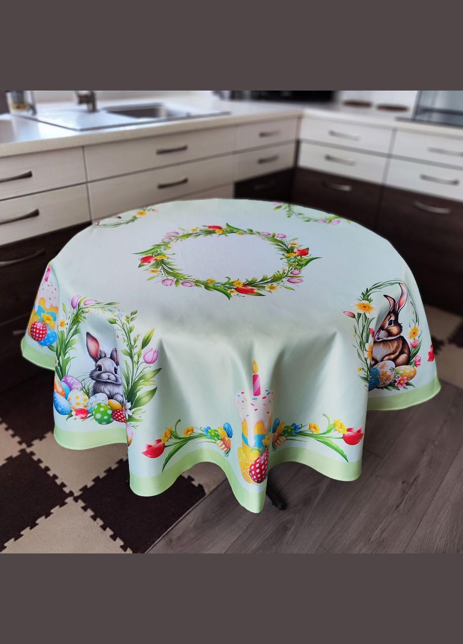 Водоотталкивающая пасхальная cкатерть на круглый стол с кроликами 160см. Круглая скатерть зеленая пасхальная Maystat (305390804)