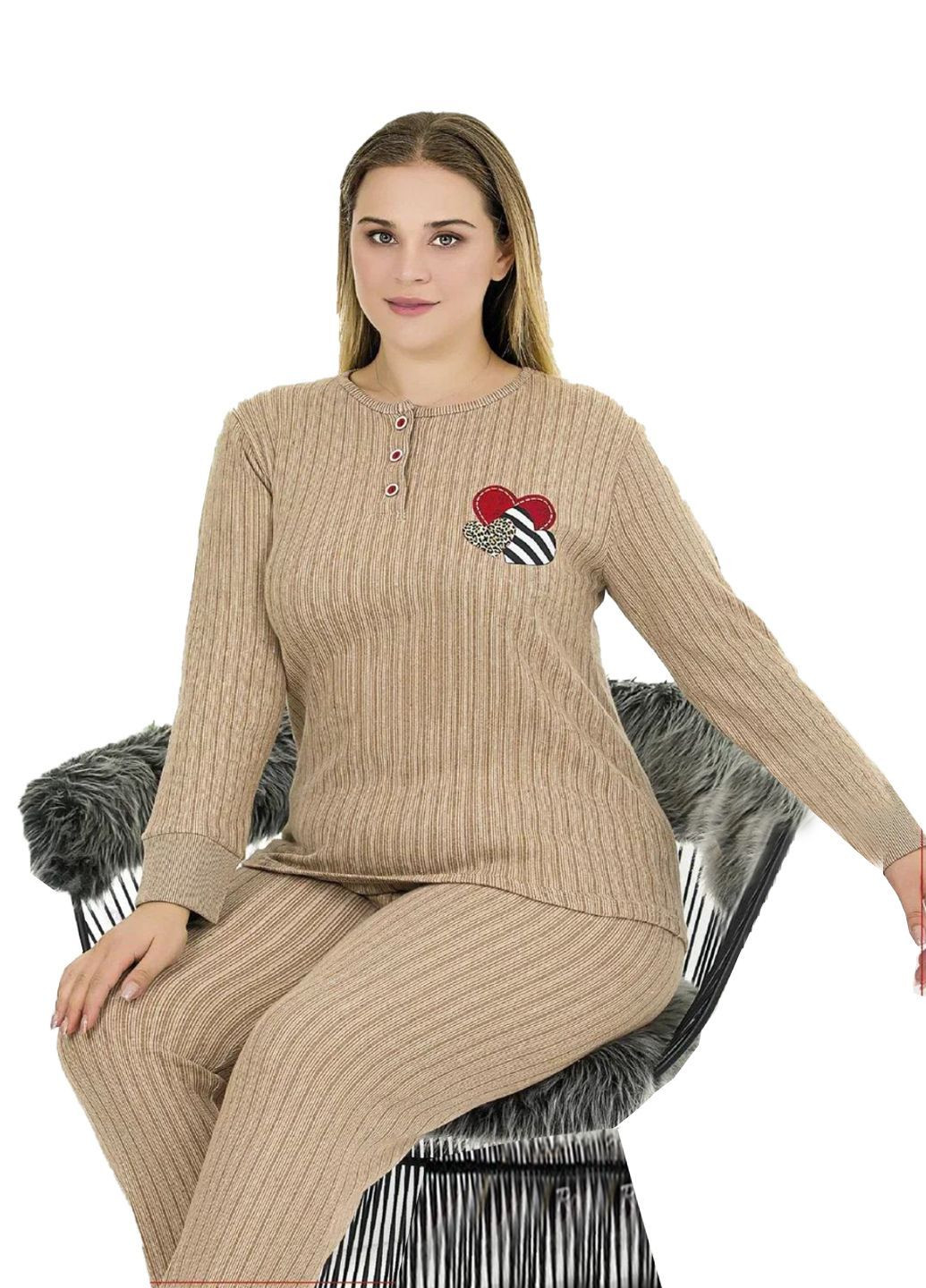 Бежевая зимняя пижама женская теплая лапша лонгслив + брюки No Brand