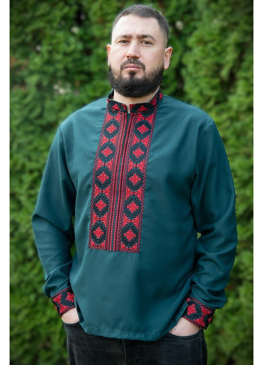 Зелёная мужская вышиванка украинская рубашка из льна традиционная, вышиванка для мужчин V&V узор орнамент прямой, приталенная, свободная лен (366812695)