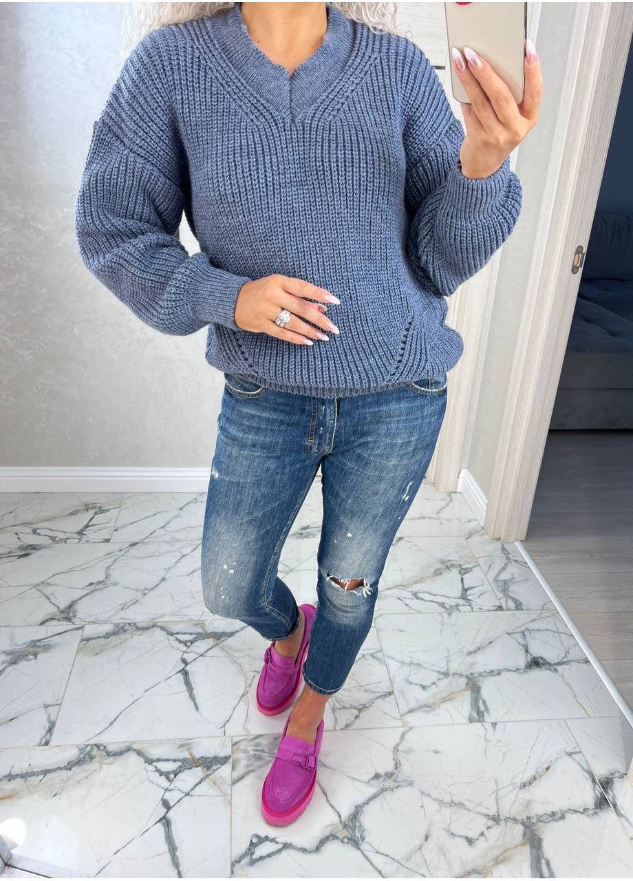 Синий демисезонный женский полушерстяной свитер с фактурной вязкой джемпер No Brand