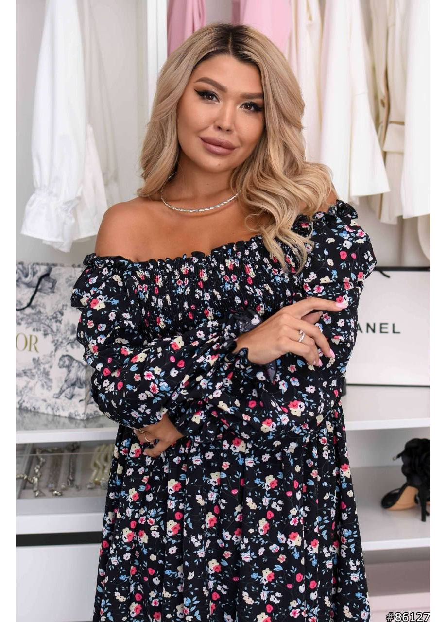 Черное коктейльное, вечернее, кэжуал женское платье с принтом с открытыми плечами FINO Mode зебра