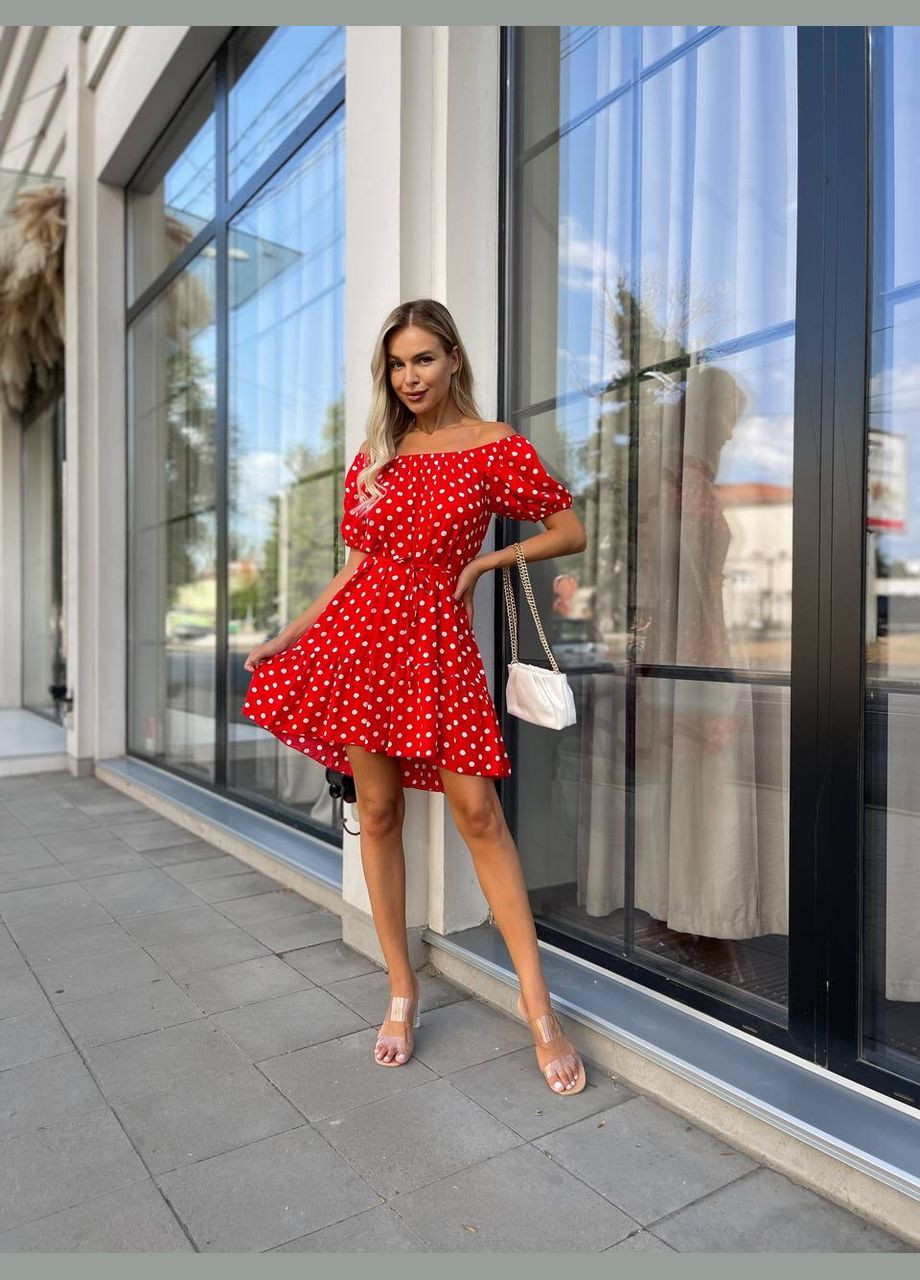 Червона легка сукня мінi з поясом в горох червоного кольору 32051 а-силует Fashion в горошок