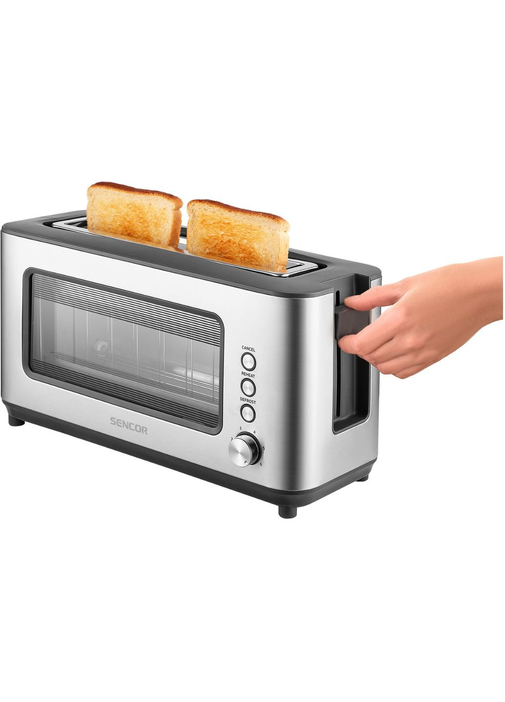 Тостер 1200Вт, підігрів, розморожування, з віконцем, нерж. сталь, сіро-чорний Sencor (315435425)