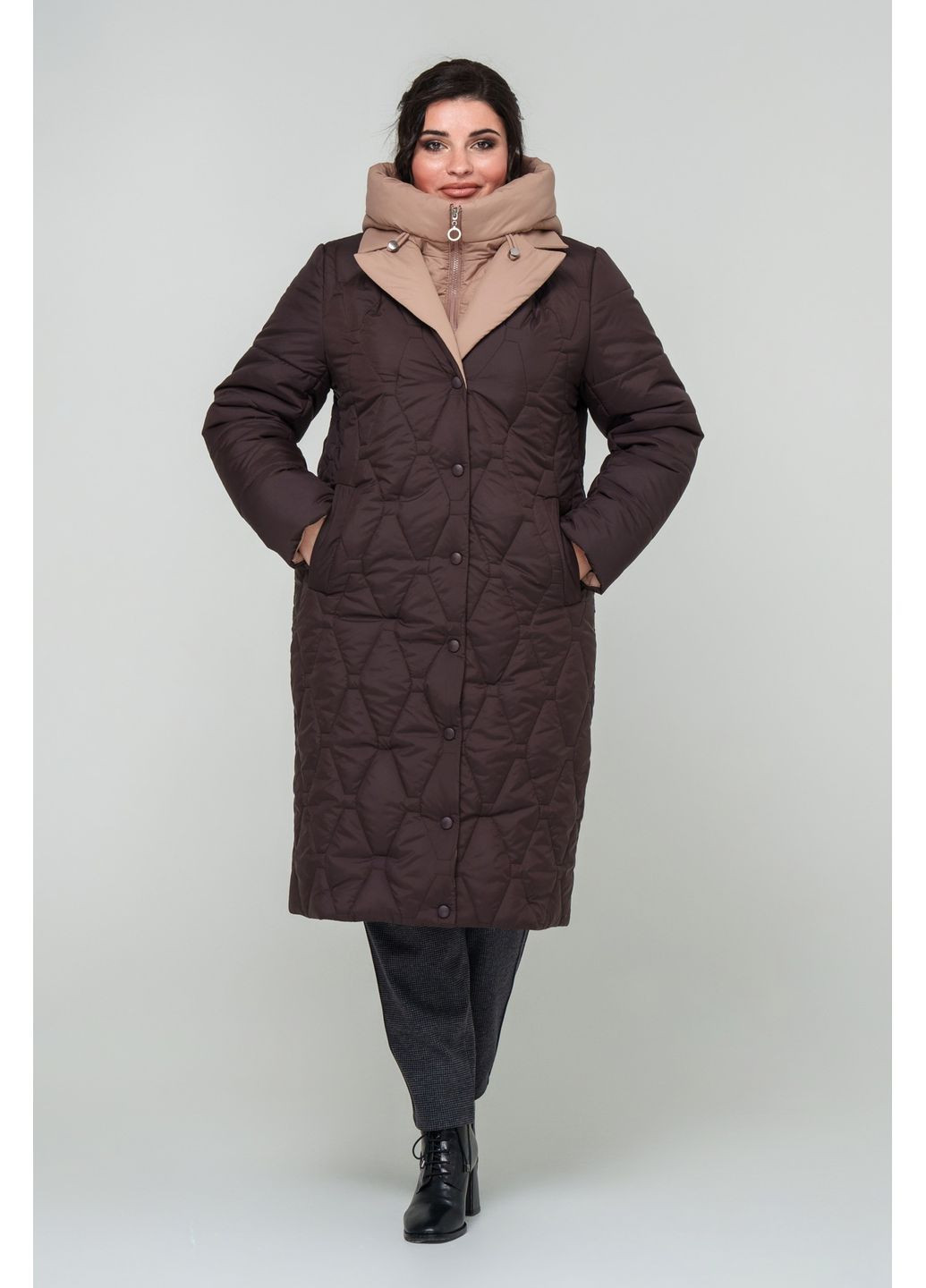 Коричнева зимня пальто прямого силуету з коміром та знімною манішкою all posa (ap101732p) A'll Posa