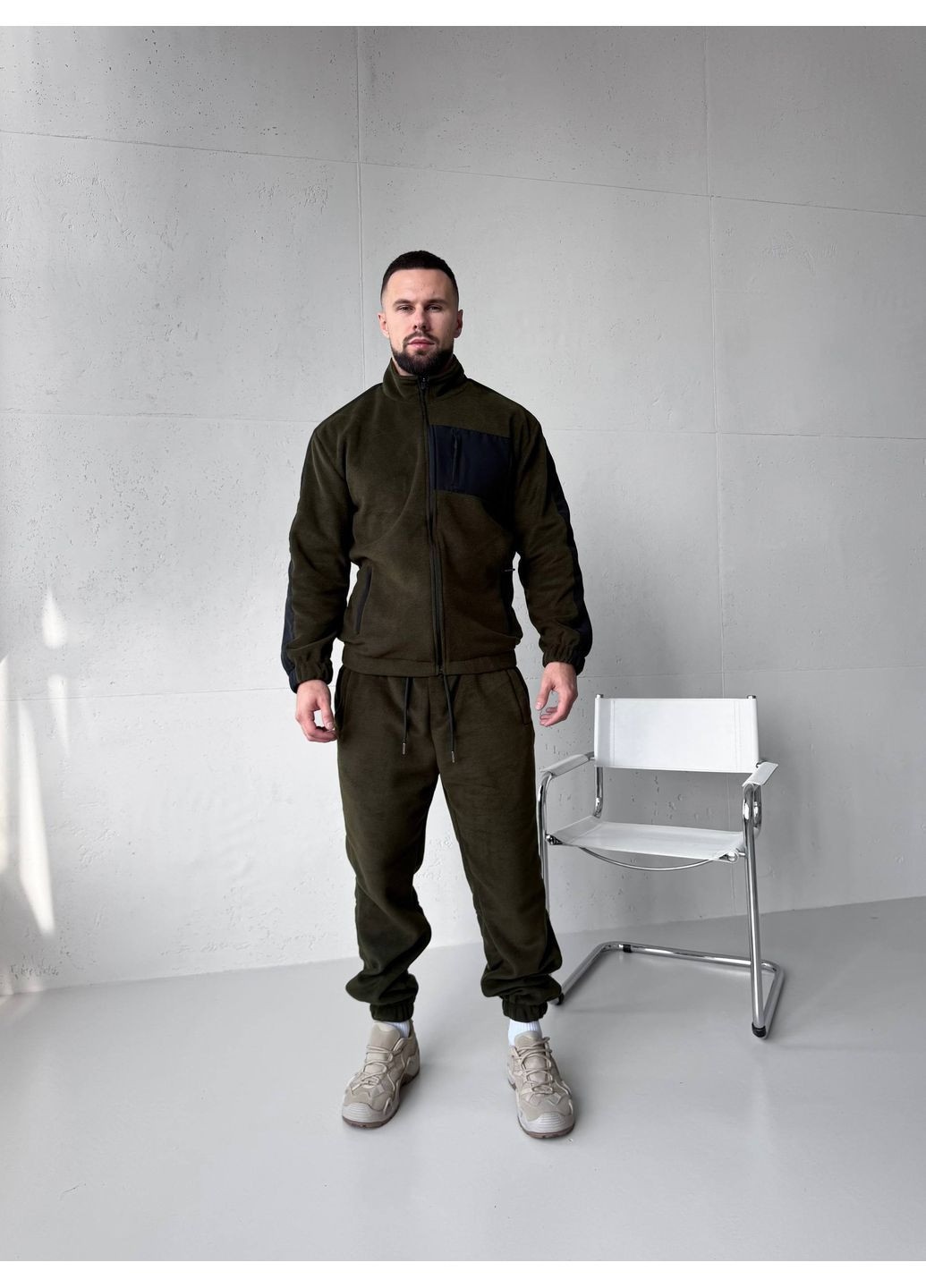 Оливковий (хакі) зимній зимовий чоловічий костюм з флісу брючний Vakko