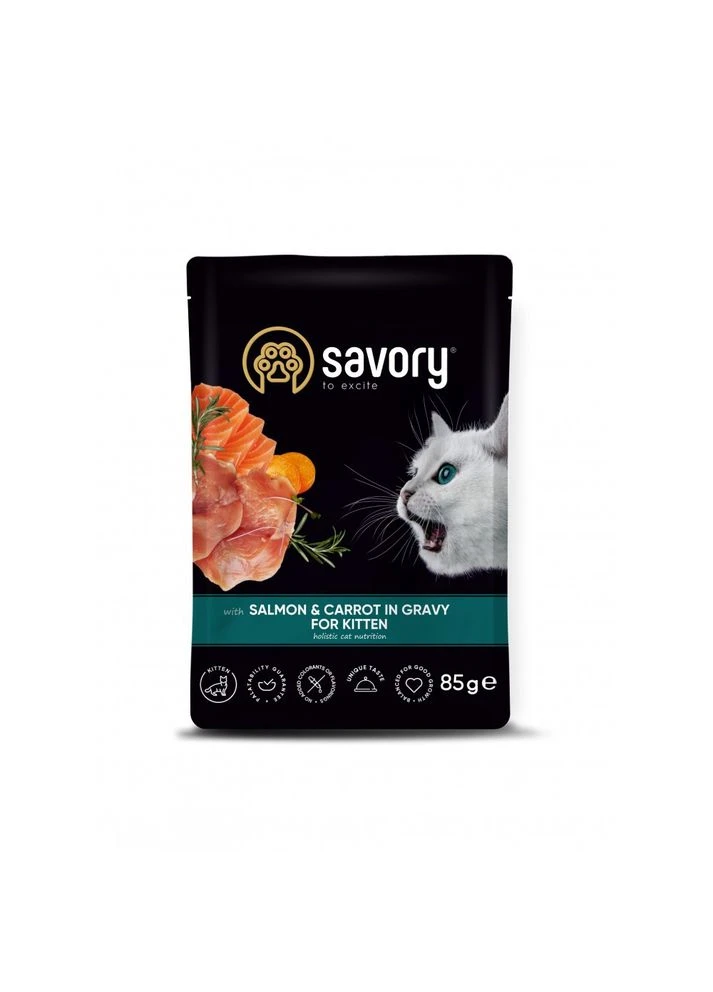 Вологий корм у паучі Kitten Pouch Salmon and Carrot in Gravy для кошенят з лососем та морквою у соусі 85 г Savory (399746400)