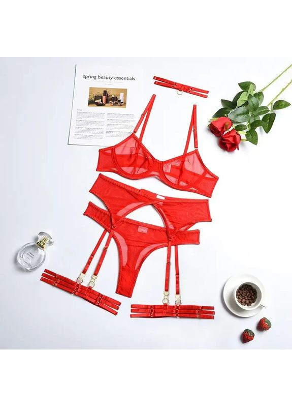 Червоний демісезонний яскравий і створювальні еротичний комплект спідньой білизни. мереживний комплект с поясом.. China