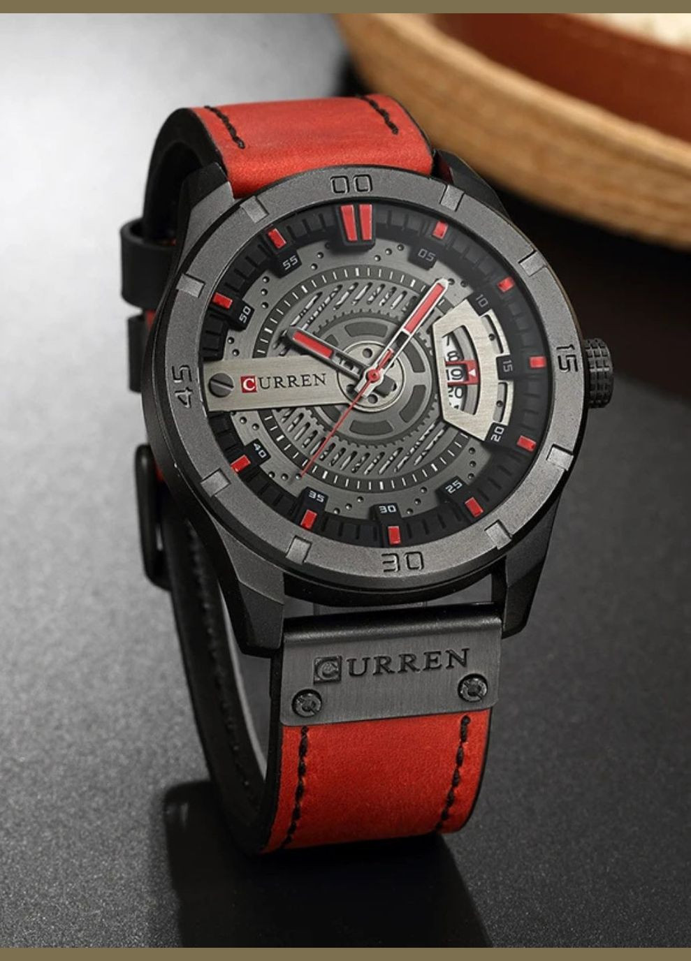 Годинник чоловічий наручний класичний кварцовий Red червоний з шкіряним ремінцем Curren Red Mechanics (317260712)