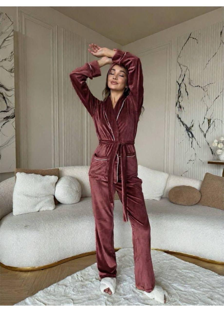 Світло-коричнева всесезон жіноча велюрова піжама-трійка Nositi 066-4