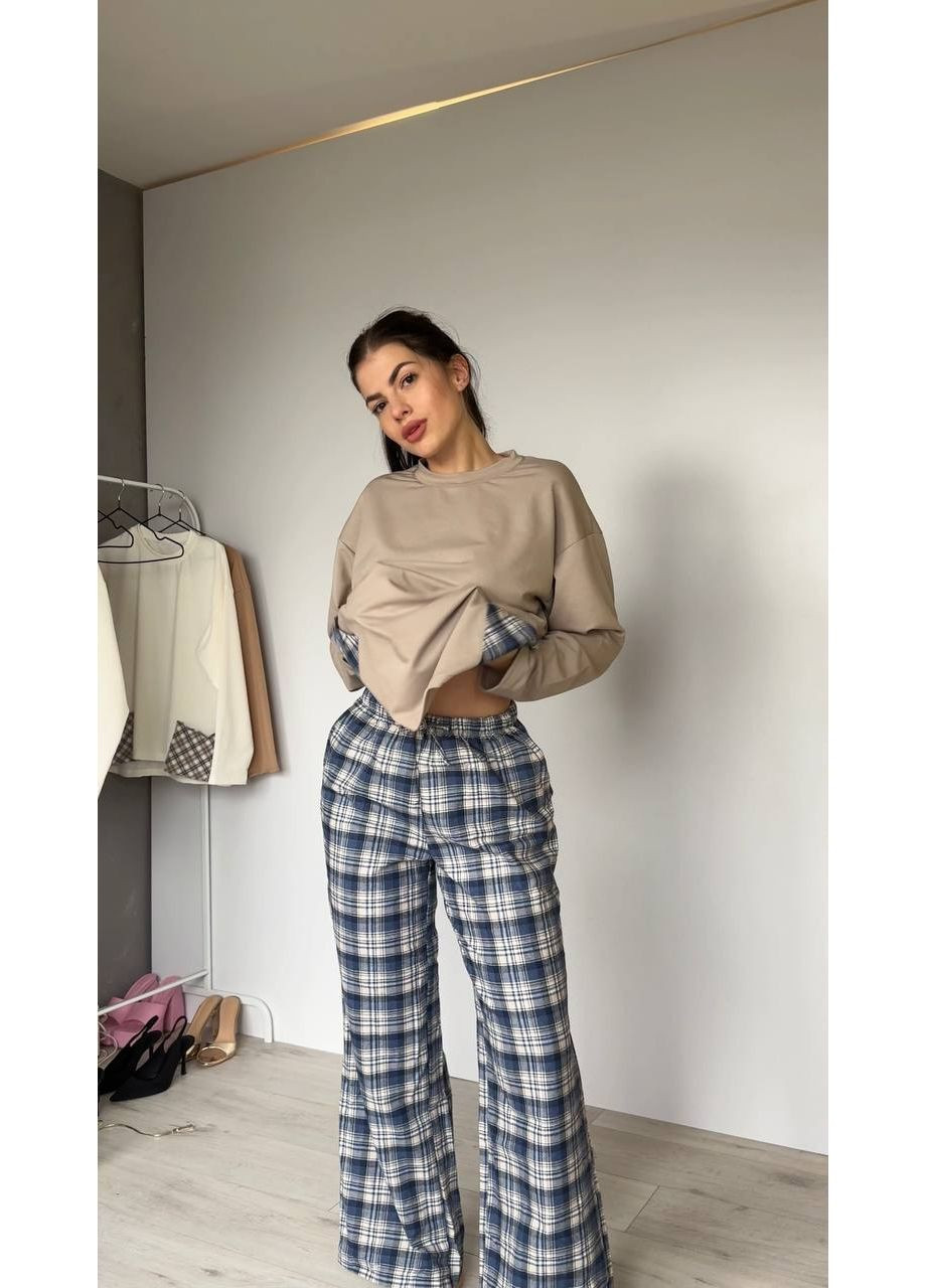 Женский домашний костюм в клетку из хлопка синего цвета 35958 No Brand (368969344)
