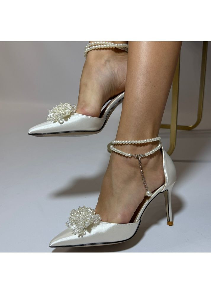 No Brand Женские туфли свадебные атласные и ремешком жемчуг и брошью 5,5 см. белый з текстиль, — (351394361)