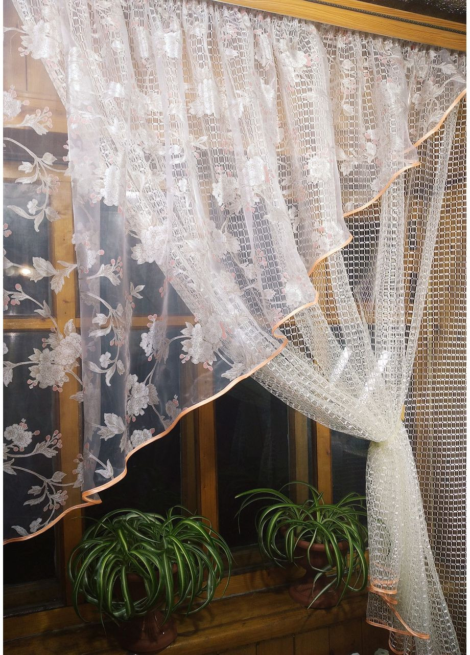 Фіранка коротка готова кухонна Фаїна молочна гілочка персик ліва No Brand (372133745)