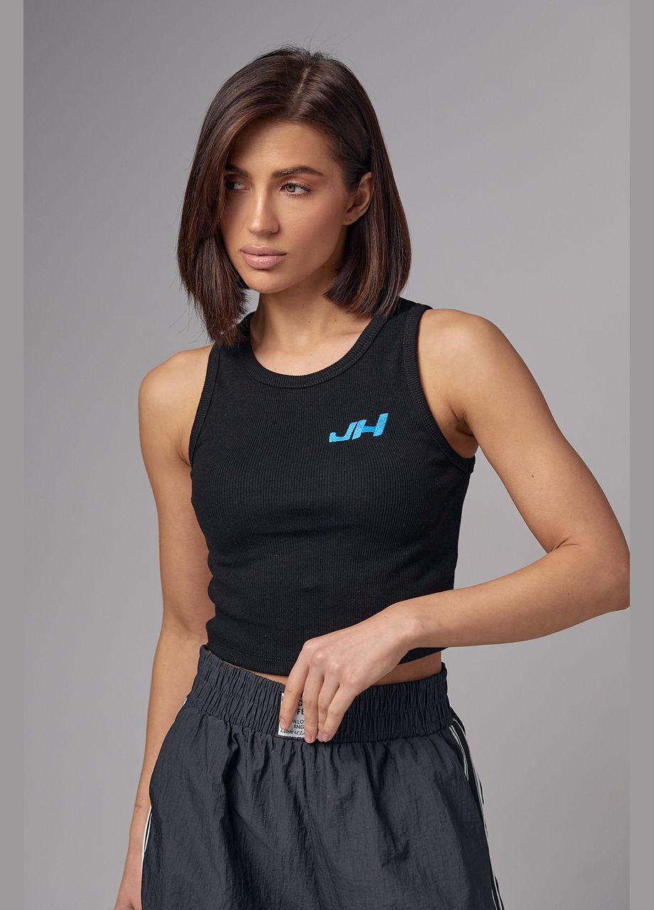 Женская майка в рубчик с вышивкой JH - черный Lurex — 289060942