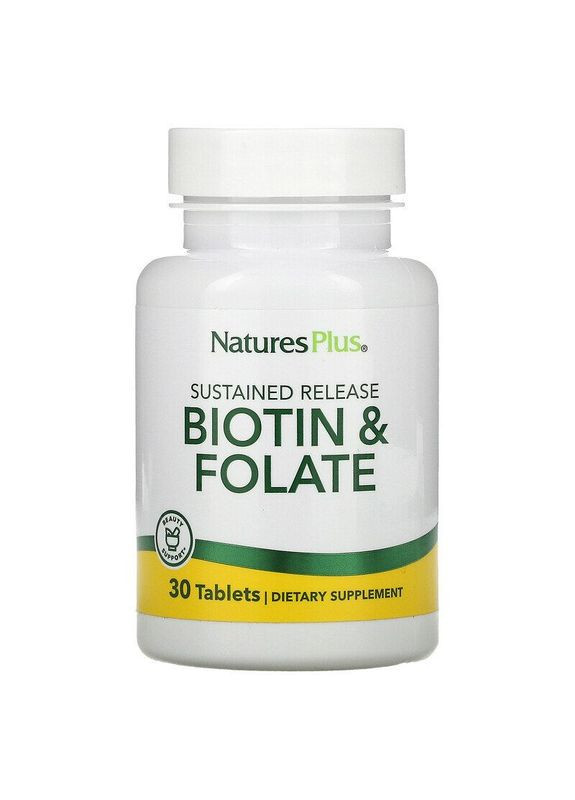 Фолієва кислота та біотин, Biotin & Folic Acid,, пролонгованої дії, 30 таблеток Nature's Plus (362371917)