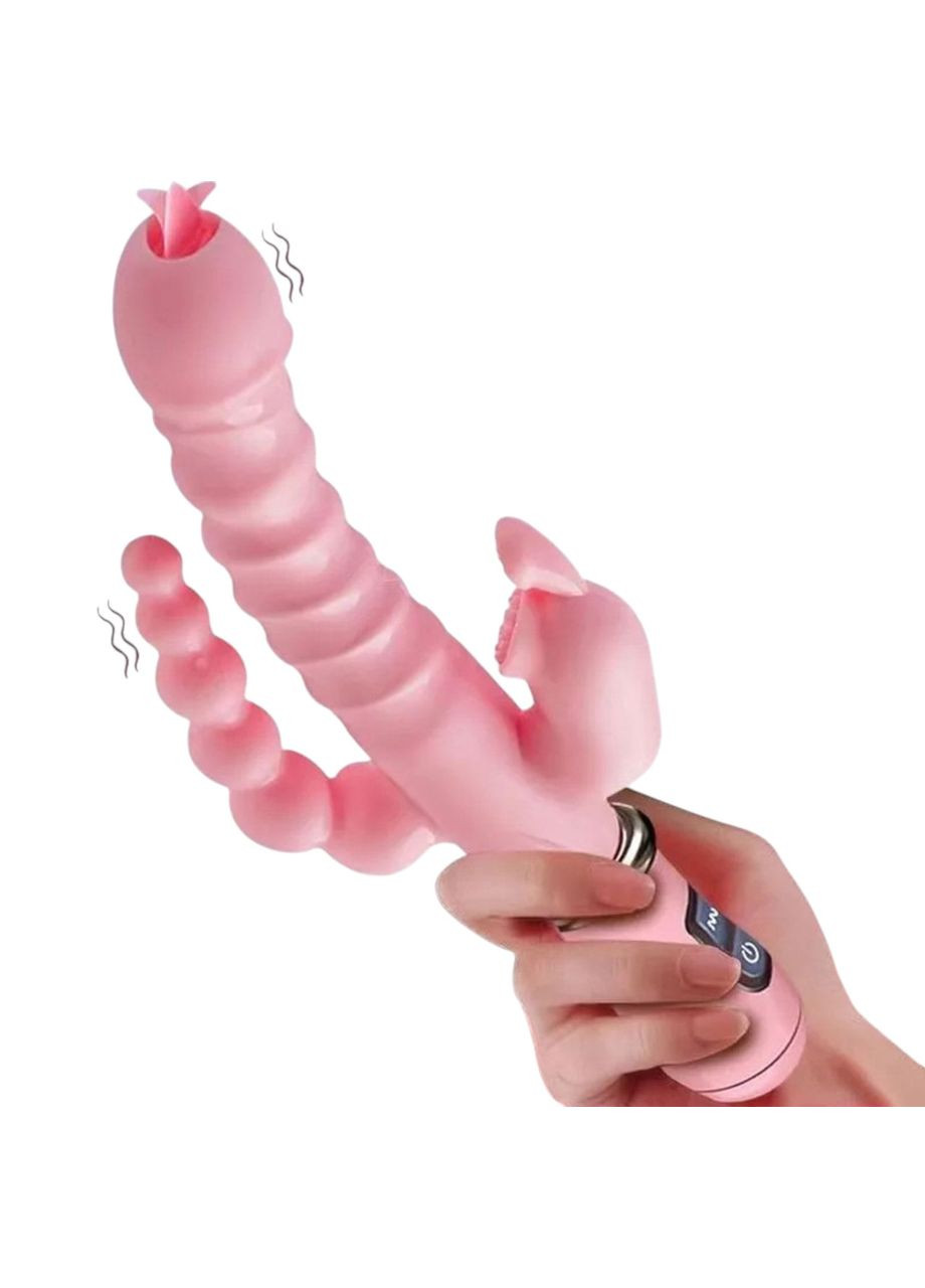 Вібратор потрійний анально-вагінальний з кліторальною стимуляцією вбудований акумулятор Рожевий No Brand (330823222)