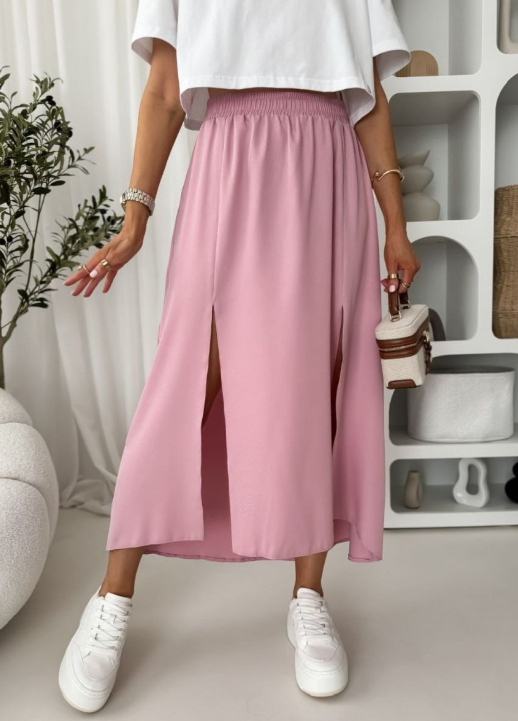 Розовая повседневная однотонная юбка меди свободного кроя с разрезами Tik-Tak