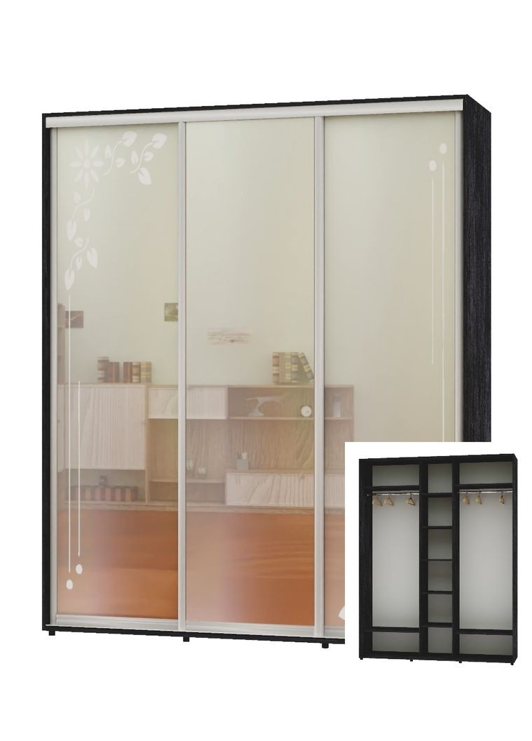 Шкаф-купе трехдверный 200*60*240 Бетон темный 2 Зеркала с пескоструйным рисунком/Зеркало ШК-04 Алекса (360463639)