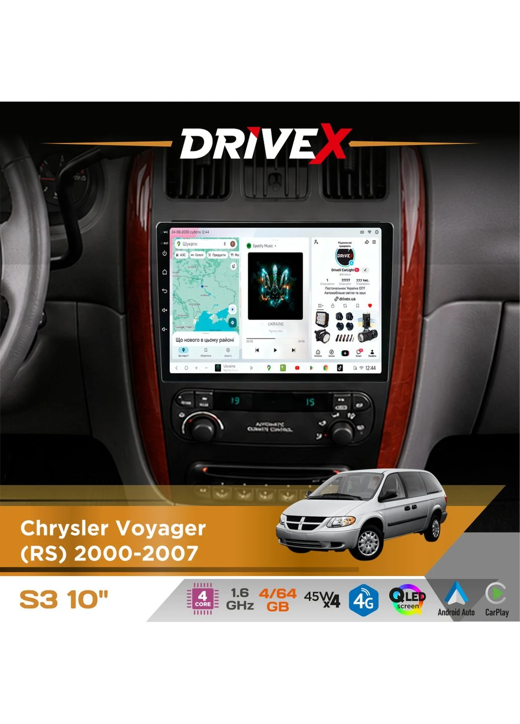 Штатна магнітола для Chrysler Voyager (RS) 2000-2007 S3 QLED 10" Android 8-ядерний 1.6ГГц 4x64Гб SIM-картка 3G/4G 7388 4x45W DriveX (401892089)