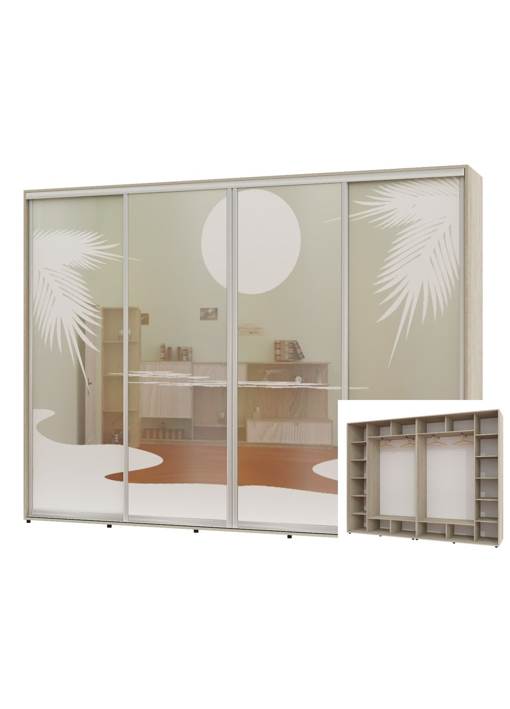 Шкаф-купе четырехдверный 300*45*250 Дуб Шамони светлый Зеркало с пескоструйным рисунком Алекса (360463414)