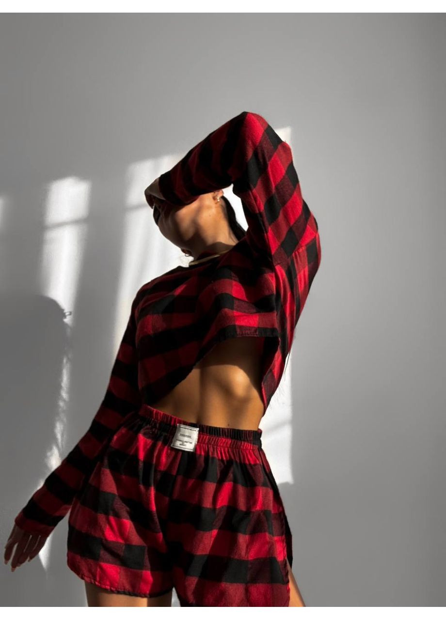 Красная всесезон женская уютная пижама в клетку из байки (турция) 😍 замеры в описании свитшот + шорты DK/DL Мода без кордонів